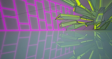 Abstract architectural drawing white interior of a minimalist house with color gradient neon lighting. 3D illustration and rendering.