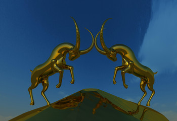 Shiny metal sculpture of two mountain ibex goats fighting on the top of a rock hill 3D illustration 1. Perspective view, sky background. Collection.