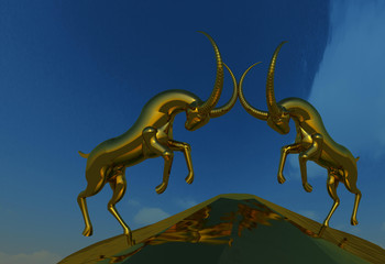 Shiny metal sculpture of two mountain ibex goats fighting on the top of a rock hill 3D illustration 2. Perspective view, sky background. Collection.