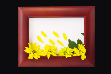 Wooden photo frame with yellow flowers on a white background. Hello autumn concept.