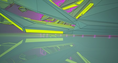 Abstract architectural drawing white interior of a minimalist house with color gradient neon lighting. 3D illustration and rendering.