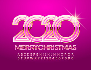 Vector glamorous Greeting Card Merry Christmas 2020. Chic glossy Font. Pink and Golden Alphabet Letters and Numbers.