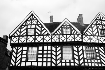 Warwick town in UK. Black and white vintage style.