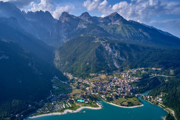 Panoramic view of the lake Molveno north of Italy. Trento region. Great trip to the lake in the Alps. Aerial photography.