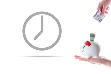 Piggy bank. Time for money concept. Clock.