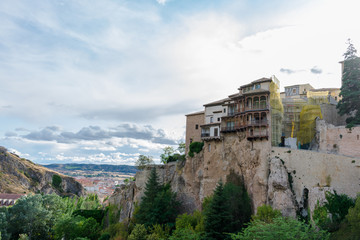 Landscape of "Casas Colgadas" in Cuenca, Spain. The houses are under construction
