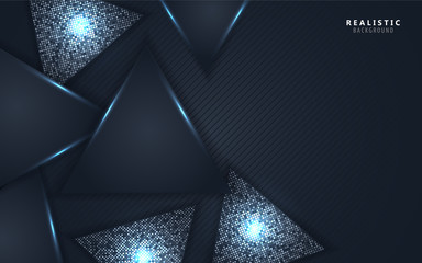Dark blue abstract background with triangles overlap layers. Texture with light silver glitters dots element decoration. Elegant modern vector design concept for use element modern cover, banner,