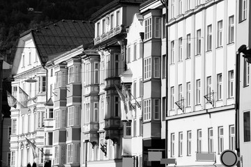Innsbruck street view. Black and white retro style.