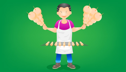set of the merchant barbecue. a man standing show the meat ball roast grill on hand. character design. vector illustration eps10