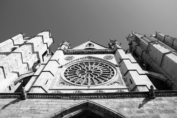 Leon cathedral, Spain. Black and white retro style.