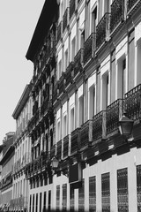 Madrid city street. Black and white retro style.