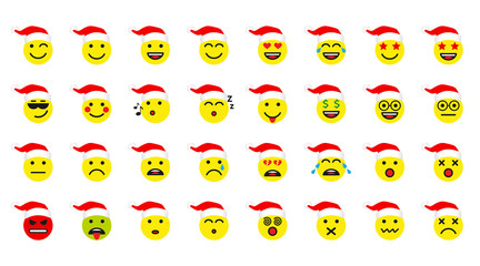 Santa smile emoticon set icons. Smiling emoji vector logo in Santa red hat. World Smile Day, October 4th banner