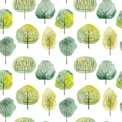 Seamless pattern with watercolor green trees. Hand drawn illustration. Colorful background with watercolor leafage.