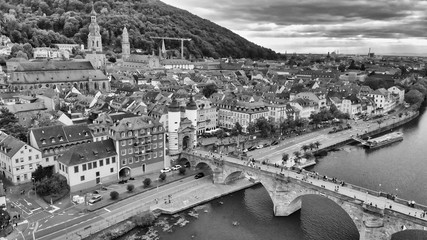 Heidelberg Aerial View, Germany. Drone flying along Chain Bridge and main city landmarks