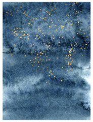 Watercolor dark blue background with gold paint drops. Beautiful indigo gradient texture with gold flakes. Hand drawn high resolution texture for posters, postcards, prints, invitations.