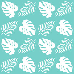 Seamless pattern with leaves of palm tree and monstera. 
