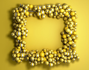 abstract background yellow frame as background with striped elegant balls 3d render