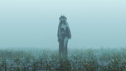 Horned Demon Nun in a Black Pant Suit with a Veil Futuristic Haute Couture Abstract Demon Foggy Watery Void with Reeds and Grass background Front View 3d Illustration 3d render - obrazy, fototapety, plakaty