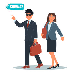 Business cooperation. Business concept. Two people - businessman and a business lady discussing business ideas on the way to a subway. Vector illustration of a flat design