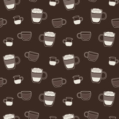 Vector seamless coffee pattern in brown. Simple coffee cups and milk made into repeat. Great for background, wallpaper, wrapping paper, packaging, fashion, restaurant, cafe.
