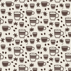 Vector seamless coffee pattern in beige. Simple coffee cups and milk made into repeat. Great for background, wallpaper, wrapping paper, packaging, fashion, restaurant, cafe.