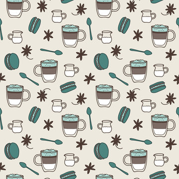 Vector seamless coffee pattern in beige. Simple coffee cups and milk made into repeat. Great for background, wallpaper, wrapping paper, packaging, fashion, restaurant, cafe.