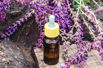Lavender essential oil in a glass bottle and lavender colors on a rustic wooden background. Tincture or essential oil with lavender. herbal medicine.