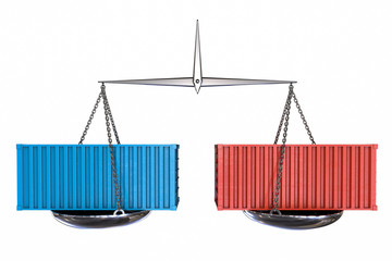 3d illustration: Vintage scales with red and blue cargo containers. Isolated on white background. Economic balance. Trade war. Political motive. Amicable agreement. Metaphor