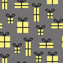 Vector seamless christmas pattern in grey and yellow. Simple gift box made into repeat. Great for background, wallpaper, wrapping paper, packaging, fashion.