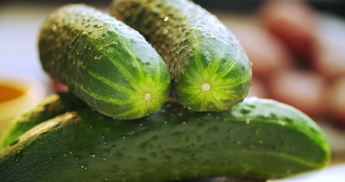 green cucumbers rotate around an axis. Macro shot. Natural vegetables without GMOs