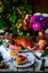 Upside down plum cake. style rustic