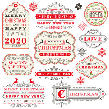 Christmas vector typography ornate labels and badges, happy new year and winter holidays wishes for greeting card