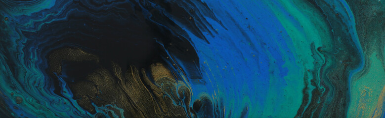 art photography of abstract marbleized effect background. turquoise, green, blue, black and gold creative colors. Beautiful paint. banner