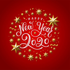Happy New Year 2020 Golden Star Red Vector Illustration