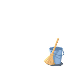 Template for text with a bucket and broom bottom right as a symbol of cleanliness and hygiene. Copy space. Vector flat cartoon illustration of housekeeping and house cleaning service