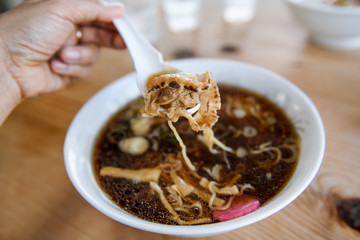Top view of tasty Scallop ramen soup in Hokkaido, Japan.
