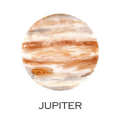 Watercolor illustration of Jupiter planet. Hand drawn illustration isolated on white background.