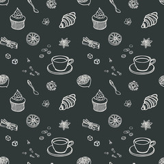 Coffee and cakes seamless background pattern.