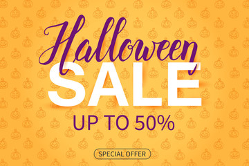 Halloween Sale poster with lettering on orange pattern with Jack lamp in sketch style. Up to 50%. Special offer