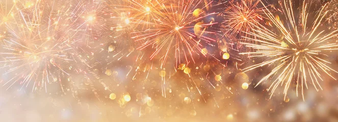 Foto op Plexiglas abstract gold and silver glitter background with fireworks. christmas eve, 4th of july holiday concept. banner © tomertu