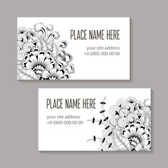 Set of monochrome business card isolated template. Flowers, leaves and buds. Abstract floral hand-drawn black pattern with texture on white background.