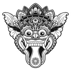 Traditional ritual Balinese mask. Vector outline illustration for coloring book isolated.