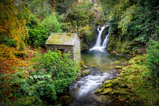 Rydal Falls and Grot during autumn in the Lake District National Park Cumbria, UK