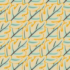 Foliage seamless pattern. Ocher and soft blue on a beige background.
