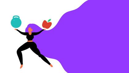 Healthy diet banner, sport girl with  bright long hair. Concept of health lifestyle, doing exercises, keeping fit..