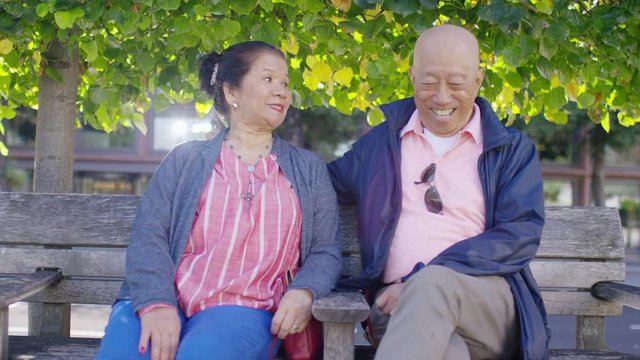 Senior Asian couple on a park bench in conversation