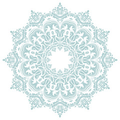 Oriental vector light blue round pattern with arabesques and floral elements. Traditional classic ornament. Vintage pattern with arabesques