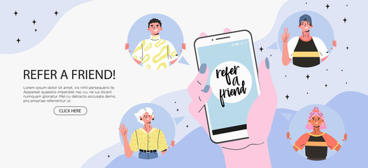 Refer a friend concept with cartoon hands holding a phone with icons of smiling friends. Refferal marketing strategy banner, landing page template, ui, web, mobile app, poster, banner, flyer.