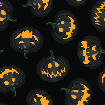 Vector seamless pattern with scary black pumpkins on black background for greeting card, gift box, wallpaper, fabric, web design.