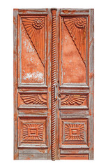 vintage wooden carved door on isolated white background